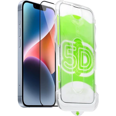 Fibaks Apple iPhone 13/13 Pro/14/16E Uyumlu Kolay Uygulama Aparatlı Siyah Çerçeveli Tam Kapatan Cam