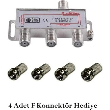 Anktek 3 Lü Splitter + 4 Adet F Konnektör 1/3 Anten Çoklayıcı Bölücü Dağıtıcı 1 Giriş 3 Çıkış