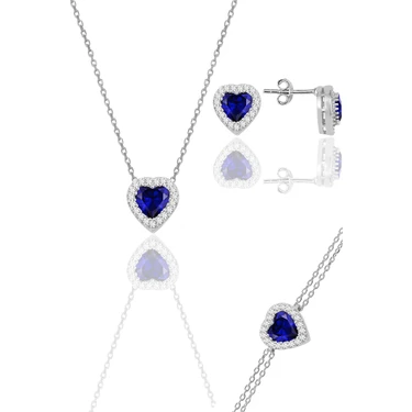 Söğütlü Silver Gümüş Rodyumlu Safir Taşlı Pırlanta Modeli Kalp Kolye, Küpe, Bileklik Üçlü Set