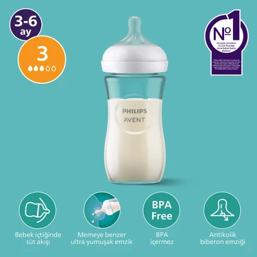 Philips Avent Doğal Tepkili Cam Biberon, 240ml, 3-6  Ay,