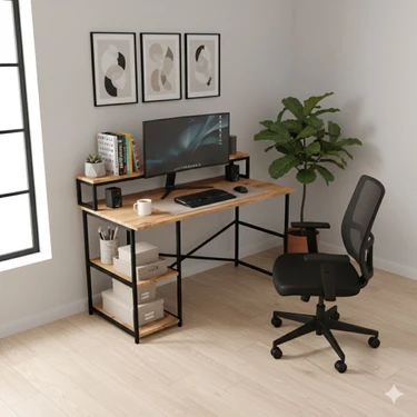 Tridihome Çalışma Masası Kitaplıklı Raflı Metal Ayaklı Ev Ofis Genç Öğrenci Bilgisayar