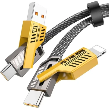 Fibaks 4in1 Pd 65 Watt Type-C/27 Watt Halat Örgü Kırılmaz Uç 1 Metre Hızlı Şarj ve Data Kablosu