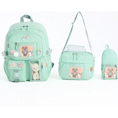 Kawaii Kore Tarzı Aksesuarlı 3'lü Set Çocuk Ilkokul Çantası Kalemlikli Beslenme Çantalı Sırt