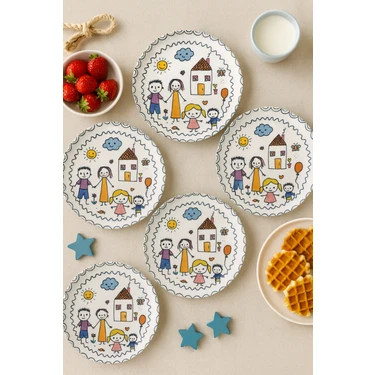 Grandora Çocuk Desenli Pasta Tabağı 20 cm – 6’lı Set - Renkli Aile Figürlü Tatlı, Pasta Veya Ikram