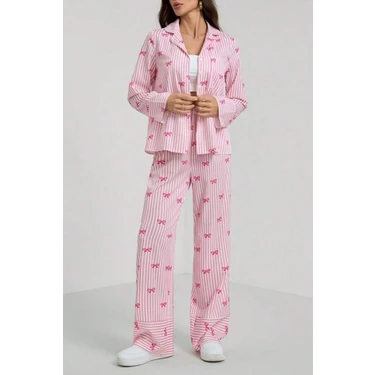 Bella Notte Pembe Fiyonk Baskılı Çizgili Pijama