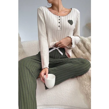 Bella Notte Nakışlı Yeşil Pamuklu Kalp Detaylı Pijama