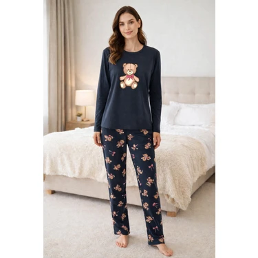Koza İç Giyim Kadın Pamuklu Ayıcıklı Pijama Takımı Kahverengi Füme Sevimli Desenli