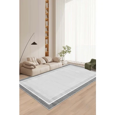 West Home Makinede Yıkanabilir Kaymaz Taban Leke Tutmaz Gri Çizgili Salon Halısı Mutfak Halısı ve