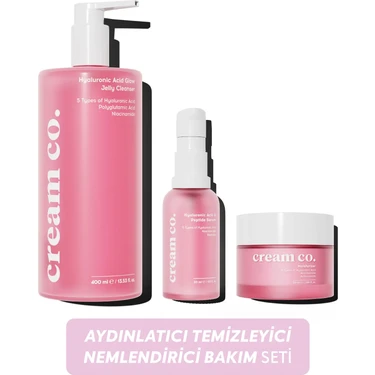Cream Co. Canlandırıcı Temizleyici Aydınlatıcı Nemlendirici Set (Hyaluronic Acid + Peptide +