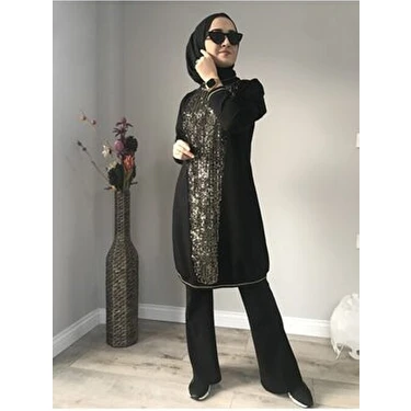 Aysun Aydemir Gold Detaylı Siyah Pamuklu Eşofman Takımı Düz Desenli Uzun Kol