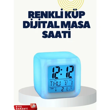 Pileli Store Termometre ve Takvim Özellikli 7 Renk Değiştiren Küp Alarm