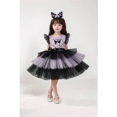 Kuromi Taç Aksesuarlı Pullu Baskılı  Kız Elbise 3/10