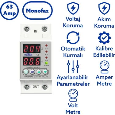 Tomzn Voltaj ve Akım Koruma Rölesi Yüksek Alçak Gerilim Akım Koruyucu 63A Elektrik