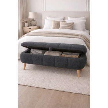 Own Home Sara Sandıklı Puf Bench, Teddy Kumaş Kaplamalı Ahşap Ayaklı Modern Bench