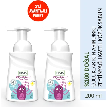 INCIA %100 Doğal Köpük Kastil Sabunu Çocuklar İçin Zeytinyağlı 10 Bitkisel Değerli Yağ Vegan 200 ml