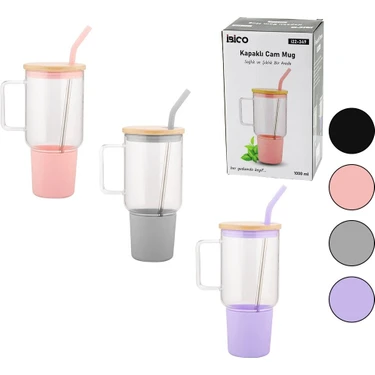 SHC4200 Cam 1lt Matara Suluk Bambu Kapak Sızdırmaz Silikonlu Çelik Pipet Koruyucu Silikon Altlık
