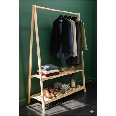 KUMİ Ahşap Ayaklı Askılık Elbise Askısı 2 Raflı