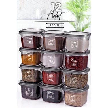Kitchen Life 12 Adet Antrasit Etiketli Baharatlık Seti -550 ml - 12 li Baharat Takımı
