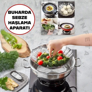 İnfeta Paslanmaz Buharda Sebze Haşlama Sepeti Katlanabilir Tencere