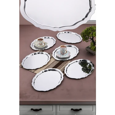 6 Adet Paslanmaz Çelik Oval Dalgalı Sade Kahve ve Sunum Tepsisi 20 cm x 25