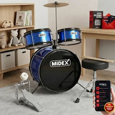 Midex CD300X-BL Akustik Çocuk Baterisi Davulu Seti 5-14 Yaş Için Full