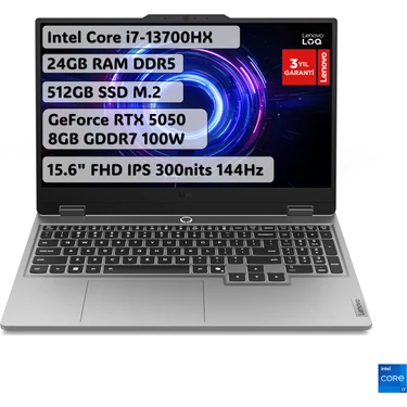 Lenovo LOQ Intel Core i7 13700HX 24GB 512GB SSD RTX5050 Freedos 15.6" FHD 144Hz Taşınabilir